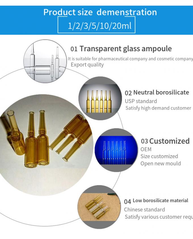Hot Sale 5ml 10ml 20ml Transparent Amber Tubular Glass Ampoule with Color Ring Break Medical Neutral Borosilicate Glass Ampoule