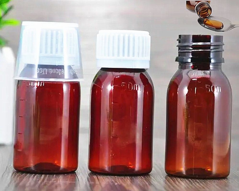 100 มิลลิลิตร 120 มิลลิตร ทานน้ําเหลวสําหรับสัตว์เลี้ยง Amber Cough Syrup Container Amber Empty Cough Syrup กระป๋องที่มีปัก
