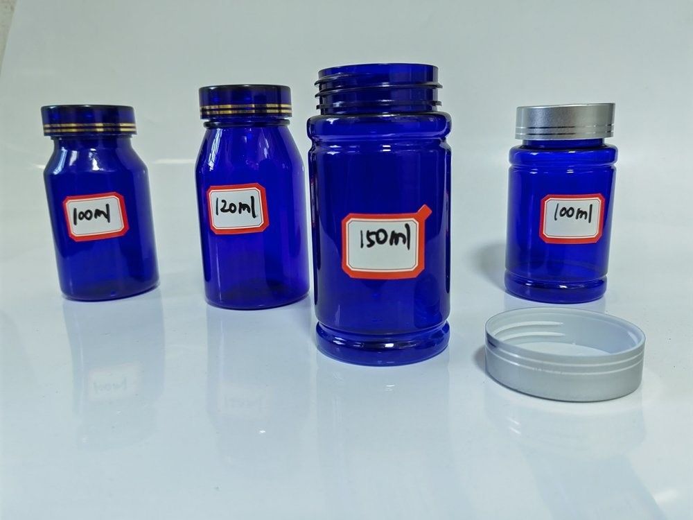 พลาสติกสีน้ําเงิน PET 100ml กระป๋องเม็ดแคปซูล พร้อมหมวกสกรูเงิน