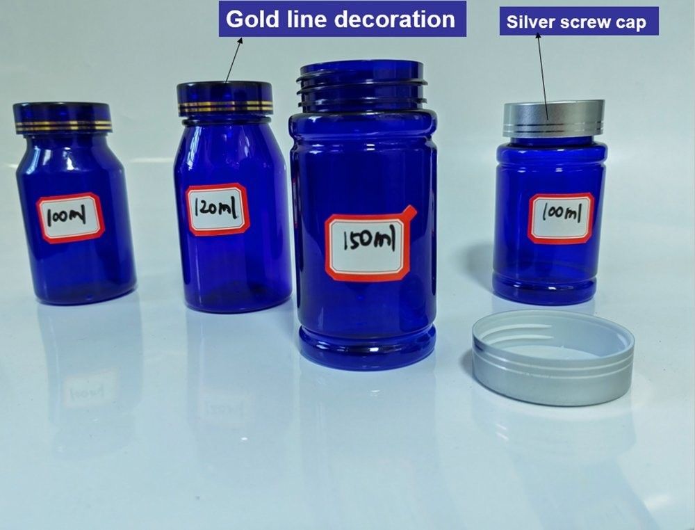 ยา 100ml 120ml 175ml สีฟ้า PET ยาพลาสติก แคปซูล กระป๋อง